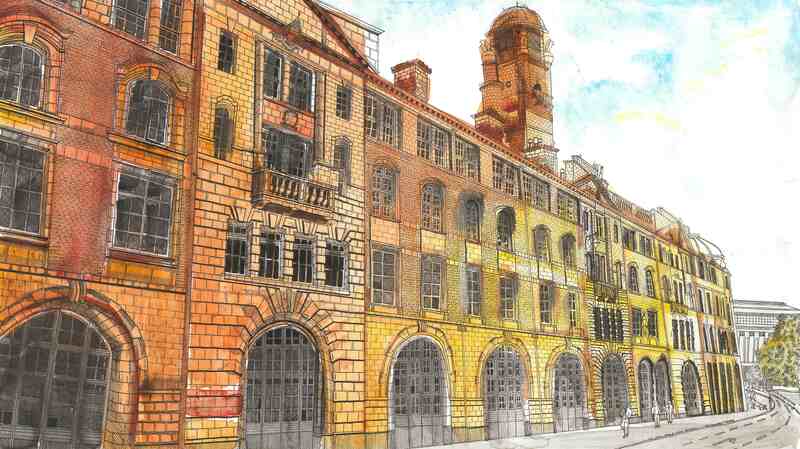 Watercolour painting in yellows, oranges and reds of a traditional sandstone 19th century building (London Road Fire Station in Manchester) at sunset. Details picked out in fine pen.